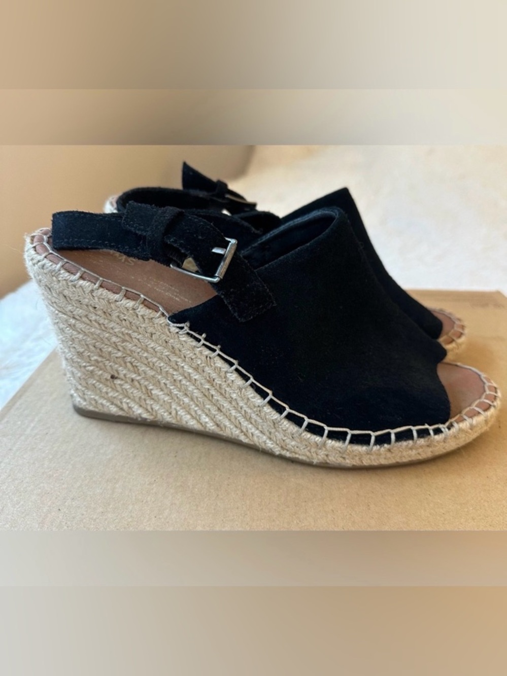 TOMS Monica Black Suede Espadrille Wedge Sandals Size 9.5 Ankle Strap Shoes